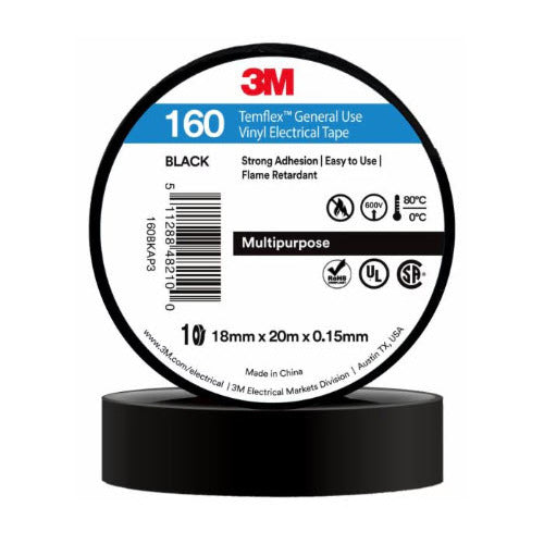 Electrical Tape 3M PVC 1610 General Use Tape Black 19mm x 20m x 0.15mm