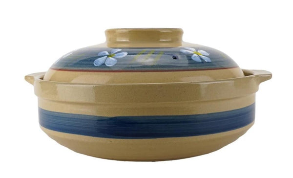 Japanese Ceramic Earthen Clay Pot Donabe Cooking Blue Floral 27cm Hand Made 3.3Lt Casserole Stew Soup