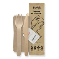 Biopak 16cm Coated Wood Knife, Fork, Napkin, Salt & Pepper Set HY-16KFNSP-COATED x 400 Sets