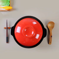 Japanese Earthen Ceramic Porcelain Pot 2.5 LT Extra Thick Donabe Cooking Pot Black With Red Lid 24cm Casserole Stew Soup Pot