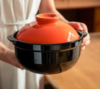 Japanese Earthen Ceramic Porcelain Pot 2.5 LT Extra Thick Donabe Cooking Pot Black With Red Lid 24cm Casserole Stew Soup Pot