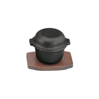 cast iron pot on wooden serving board 13.5cm x 11.5cm x 6.5cm 3cm